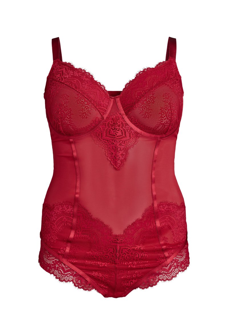 Body di lingerie rosso con rete trasparente e dettagli in pizzo ricamato. Presenta coppe con ferretto, spalline regolabili e bordi in pizzo scallop.
