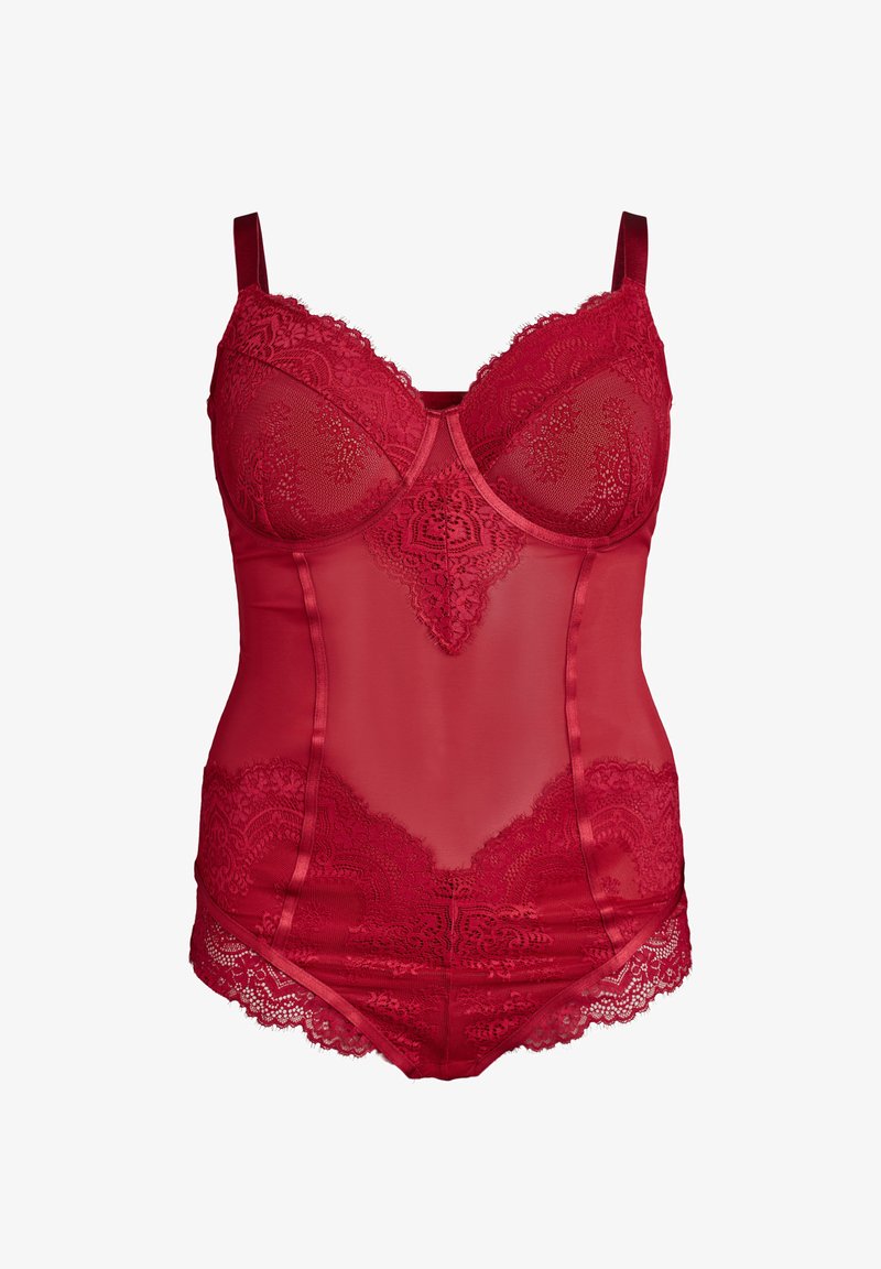 Body di lingerie rosso con rete trasparente e dettagli in pizzo ricamato. Presenta coppe con ferretto, spalline regolabili e bordi in pizzo scallop.