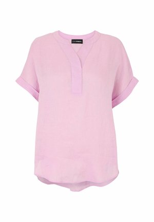 Light pink short-sleeve blouse with round neckline, partial button placket, rolled cuffs, and slightly curved hem.