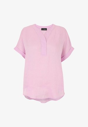 Light pink short-sleeve blouse with round neckline, partial button placket, rolled cuffs, and slightly curved hem.