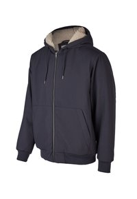 Marineblaue Kapuzenjacke mit Reißverschluss, Kunstfellfutter und zwei vorderen Taschen. Mit elastischen Manschetten und Saum für eine enge Passform.