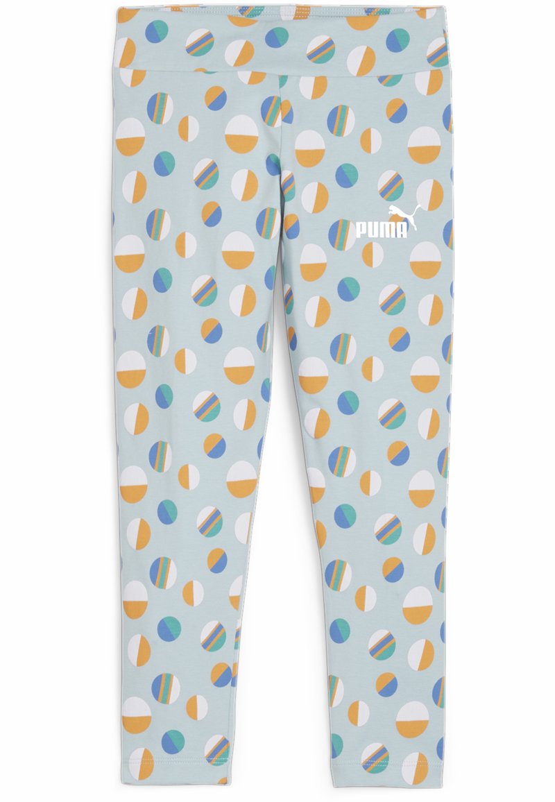 Világoskék leggings, amelyet narancssárga, fehér, zöld és kék színekben pompázó, mintás pöttyök díszítenek. Az oldalon egy fehér Puma logó található.