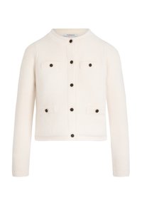 Giacca bianca texturizzata con scollatura tonda, sei bottoni neri e due tasche sul petto. Presenta una vestibilità cropped e una finitura in tessuto liscia.