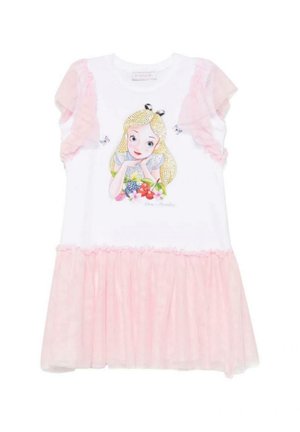 Witte en roze meisjesjurk met pofmouwen, een uitlopende roze rok en een afbeelding van een blond meisje met bloemen op de borst.