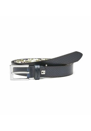 Black perforated leather belt with a silver metal buckle and matching leather strap, featuring a floral-patterned underside.