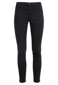 Jeans slim-fit negros hechos de una tela de algodón elástica. Cuenta con un diseño clásico de cinco bolsillos, cierre de botón y sutiles detalles de costura.
