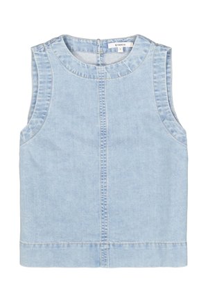 Lichtblauw mouwloos denimtopje met een ronde halslijn, verticale naaddetail en nette randen. De stof heeft een zachte, gladde textuur.
