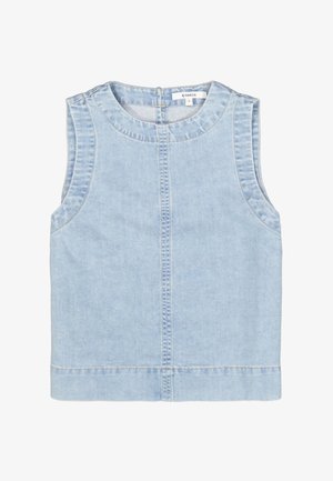 Haut en denim sans manches bleu clair avec un col arrondi, des détails de couture verticale et des bords nets. Le tissu a une texture douce et lisse.