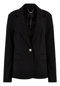 Blazer nero con rever a punta, chiusura con un singolo bottone argentato e due tasche frontali. Realizzato in tessuto liscio con una vestibilità strutturata.
