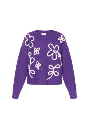 Lila Pullover mit langen Ärmeln, versehen mit weißen Blumen- und Schleifendetails. Hergestellt aus strukturiertem Material mit Rundhalsausschnitt und lockerer Passform.