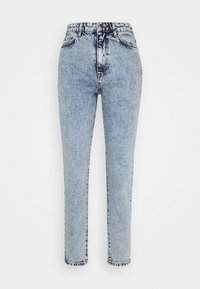 Ljusblå högmidjade jeans med rak bendesign, som har en klassisk fem-fickors stil och kontrasterande svarta sömmar.