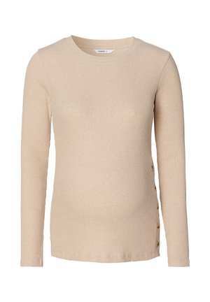 Beige langemouwshirt met geribbeld textuur, ronde halslijn en zijknopen. Zachte stof met een aansluitend ontwerp. Maat S.