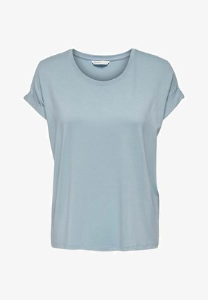 Svetle modré tričko s krátkým rukávem, kulatým výstřihem a ohrnutými manžetami, vyrobené z měkké tkaniny. Rovný střih s uvolněným fit.