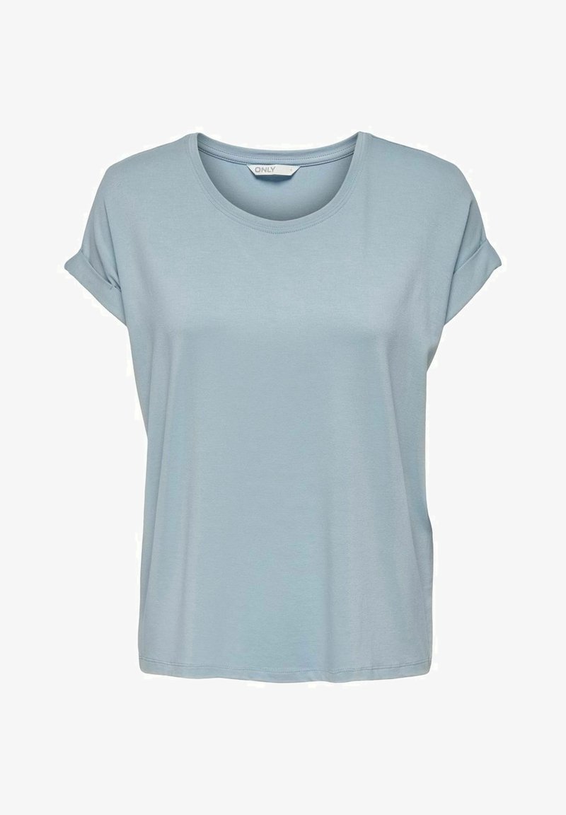 T-shirt bleu clair à manches courtes avec un col rond et des poignets retroussés, fabriqué en tissu doux. Coupe droite avec une coupe décontractée.