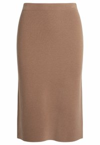 Jupe ajustée, longueur genou, en tissu tricoté marron clair avec une texture lisse, dotée d'une large taille élastique et d'un design minimaliste.
