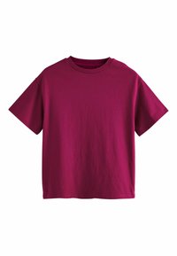 T-shirt à manches courtes, col rond, de couleur magenta profond, en coton doux avec une texture lisse et une coupe décontractée.