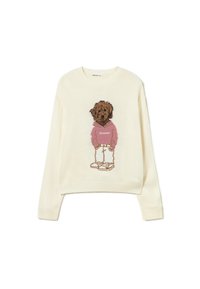 Cremefarbener Strickpullover mit einem bestickten braunen Hund in rosa Kapuzenpullover und dem Schriftzug "Brownie", mit gerippten Bündchen und Saum.
