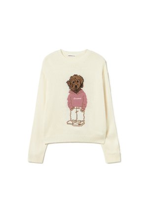 Pull en tricot couleur crème, orné d'un chien brun brodé portant un sweat à capuche rose, avec le texte « Brownie », et doté de poignets et d'un ourlet côtelés.