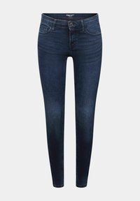 Jeans pitillo azul oscuro con una textura de mezclilla suave, diseño de cinco bolsillos y cierre frontal con botón. Presentan un ligero desgaste a lo largo de las piernas.