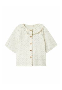 Blusa crema a maniche corte con colletto arricciato, motivo floreale e bottoni in legno lungo il davanti. Realizzata in tessuto morbido e leggero.