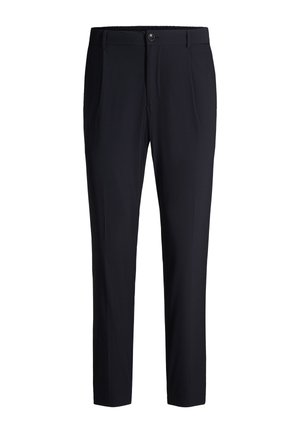 Pantaloni da uomo neri su misura con chiusura a bottone, tasche laterali e vestibilità slim con taglio affusolato.