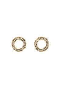 Boucles d'oreilles circulaires en or avec un espace central ouvert, entouré d'une rangée de petites pierres claires pour un éclat supplémentaire. Texture lisse.