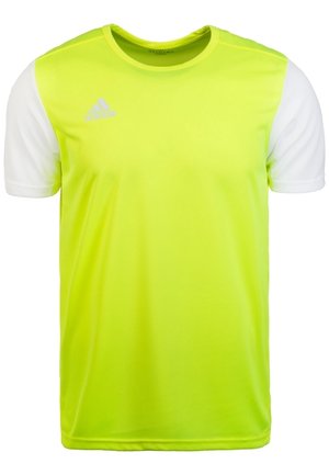 Koszulka sportowa z krótkim rękawem o fluorescencyjnym żółtym korpusie, białych rękawach i małym logo Adidas na górnej lewej części klatki piersiowej.