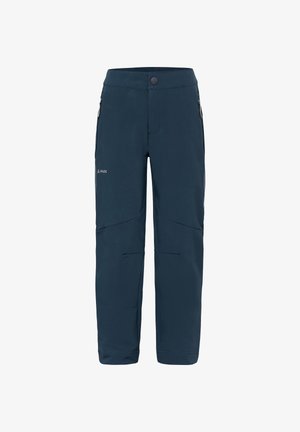 Pantaloni da esterno blu navy con bottone frontale, tasche laterali con zip, cuciture sulle ginocchia e logo Vaude sulla coscia sinistra.