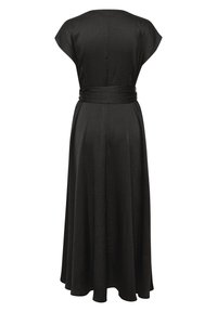 Schwarzes Kleid mit kurzen Ärmeln, tailliertem Oberteil, gebundenem Bund und A-Linie-Rock. Hergestellt aus einem glatten Stoff, mit einer subtilen Textur und ohne Muster.