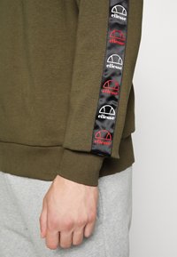 Felpa verde oliva con polsini a coste, caratterizzata da una striscia di satin nera sulla manica che presenta loghi rossi, bianchi e neri.