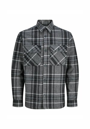 Šedá kostkovaná flanelová košile s knoflíkovým zapínáním vpředu, dvěma kapsami na prsou a klasickým límcem. Má kostkovaný vzor v tmavě a světle šedé.