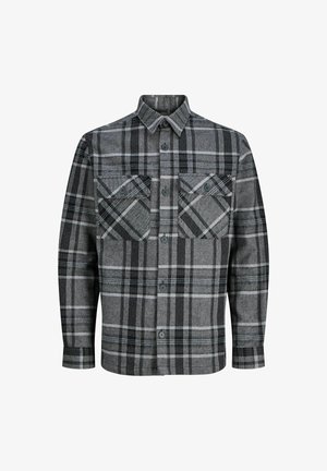 Siva karirana flanelna srajca z gumbnim zapiranjem spredaj, dvema žepoma na prsih in klasičnim ovratnikom. Ima kariran vzorec v temno in svetlo sivi barvi.