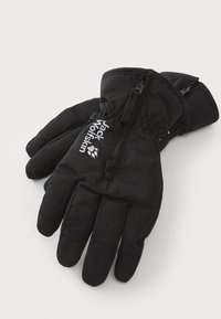 Gants noirs en tissu durable et résistant aux intempéries. Dotés de poignets élastiques et de fermetures éclair, avec un logo blanc sur le poignet.