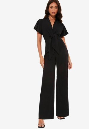 FLUTTER SLEEVE V NECK TIE FRONT WIDE LEG - Buksedragter - black