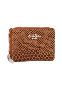 Brown leather wallet with a textured snake pattern, featuring a silver zipper and embossed logo. Compact rectangular design.