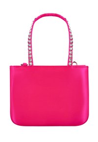 Pink satin handbag with a smooth texture, featuring a strap adorned with circular silver embellishments. Zippered top closure.