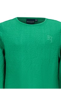 Felpa verde con texture, caratterizzata da un collo tondo e un logo "RJ" ricamato sul davanti, realizzata in un tessuto morbido.