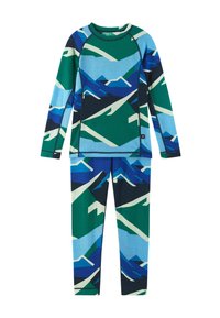 Wielokolorowy komplet piżamowy z długimi rękawami i dopasowanymi spodniami. Geometryczny wzór gór w odcieniach zieleni, niebieskiego i bieli. Materiał elastyczny.