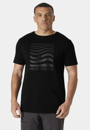 Zwart katoenen t-shirt met een grafische print van witte golvende lijnen en een zeilboot. De merknaam "HELLY HANSEN" staat eronder.