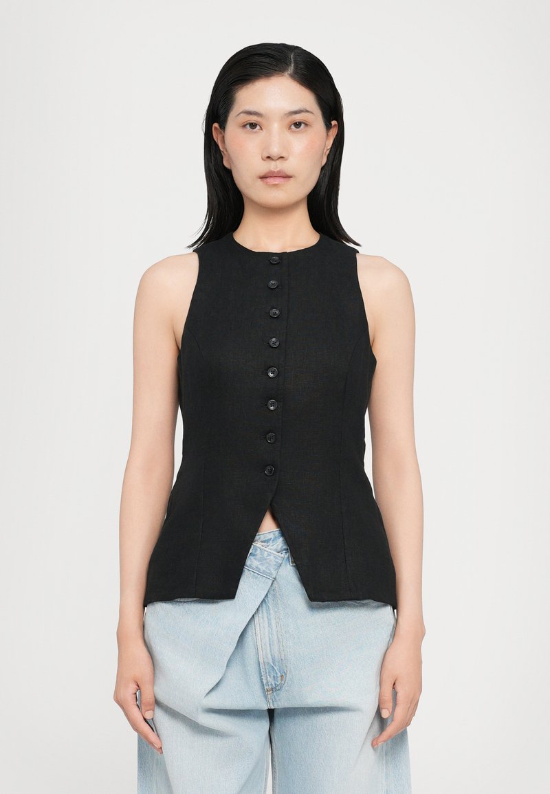 Black sleeveless top with a round neckline, button front, and an asymmetrical hem. Made of textured fabric with a fitted silhouette.