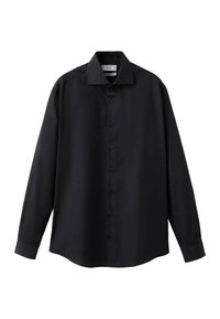 Zwart shirt met lange mouwen van gladde stof, voorzien van een puntige kraag, knoopsluiting aan de voorkant en een rechte zoom met manchetten.