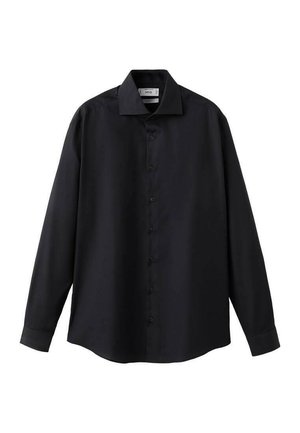 Schwarzes Langarmhemd aus glattem Stoff, mit spitzem Kragen, durchgehender Knopfleiste vorne und geradem Saum mit Manschetten.