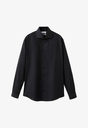 Schwarzes Langarmhemd aus glattem Stoff, mit spitzem Kragen, durchgehender Knopfleiste vorne und geradem Saum mit Manschetten.