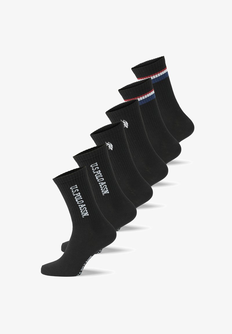 Sosete din bumbac negre cu textură ribbed. Caracteristici includ branding brodat și dungi colorate în partea de sus a unei sosete.