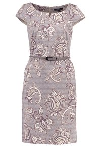Robe mi-longue aux genoux à motif cachemire violet et beige, avec des manches courtes et une fine ceinture assortie à la taille.