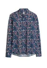 Langarmshirt met een bloemenpatroon met roze en groene accenten op een marineblauwe achtergrond; knoopsluiting aan de voorkant en kraag.