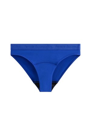 Culotte bleue pour femmes avec une large ceinture élastique affichant en répétition le texte « Female engineering » dans une nuance plus foncée.
