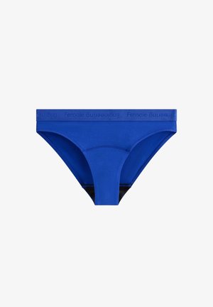 Culotte bleue pour femmes avec une large ceinture élastique affichant en répétition le texte « Female engineering » dans une nuance plus foncée.