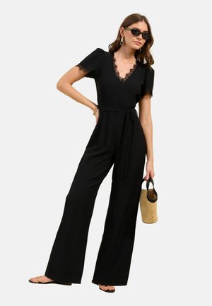 Friends Like These, PETITE FIT - LACE TRIM DETAIL SHORT SLEEVE JUMPSUIT - Jumpsuit - black