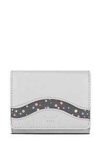 Šedá kožená peněženka s vlnkovým designem, zdobená puntíkovým vzorem v modré, růžové a žluté barvě na tmavém pozadí. Logos značky je vyraženo.